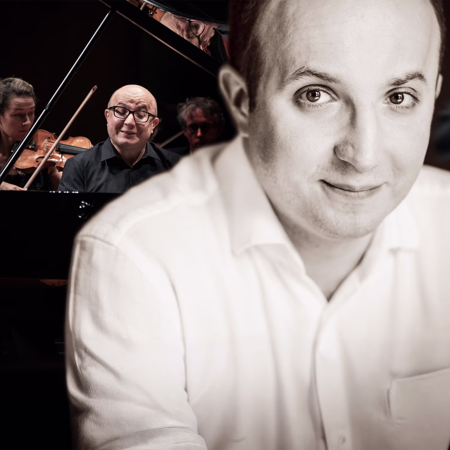 Close-up portrait with pianist and string players in background on a dark concert stage indoor scene