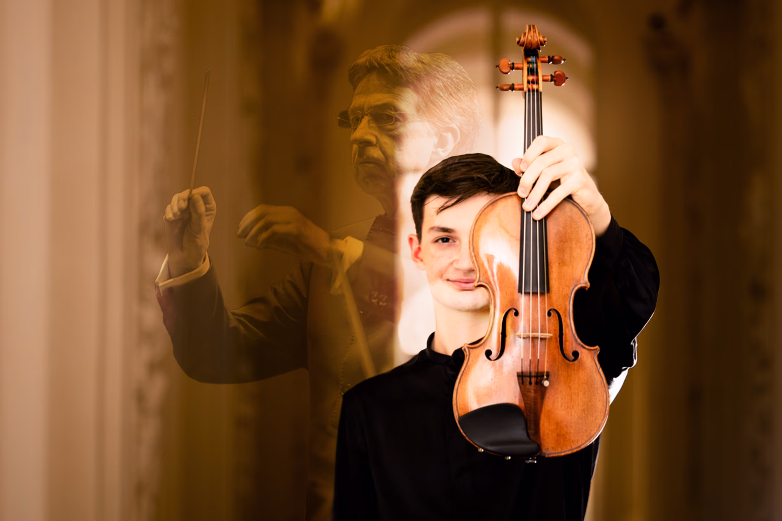 A young man holding a violin superimposed with a conductor.
