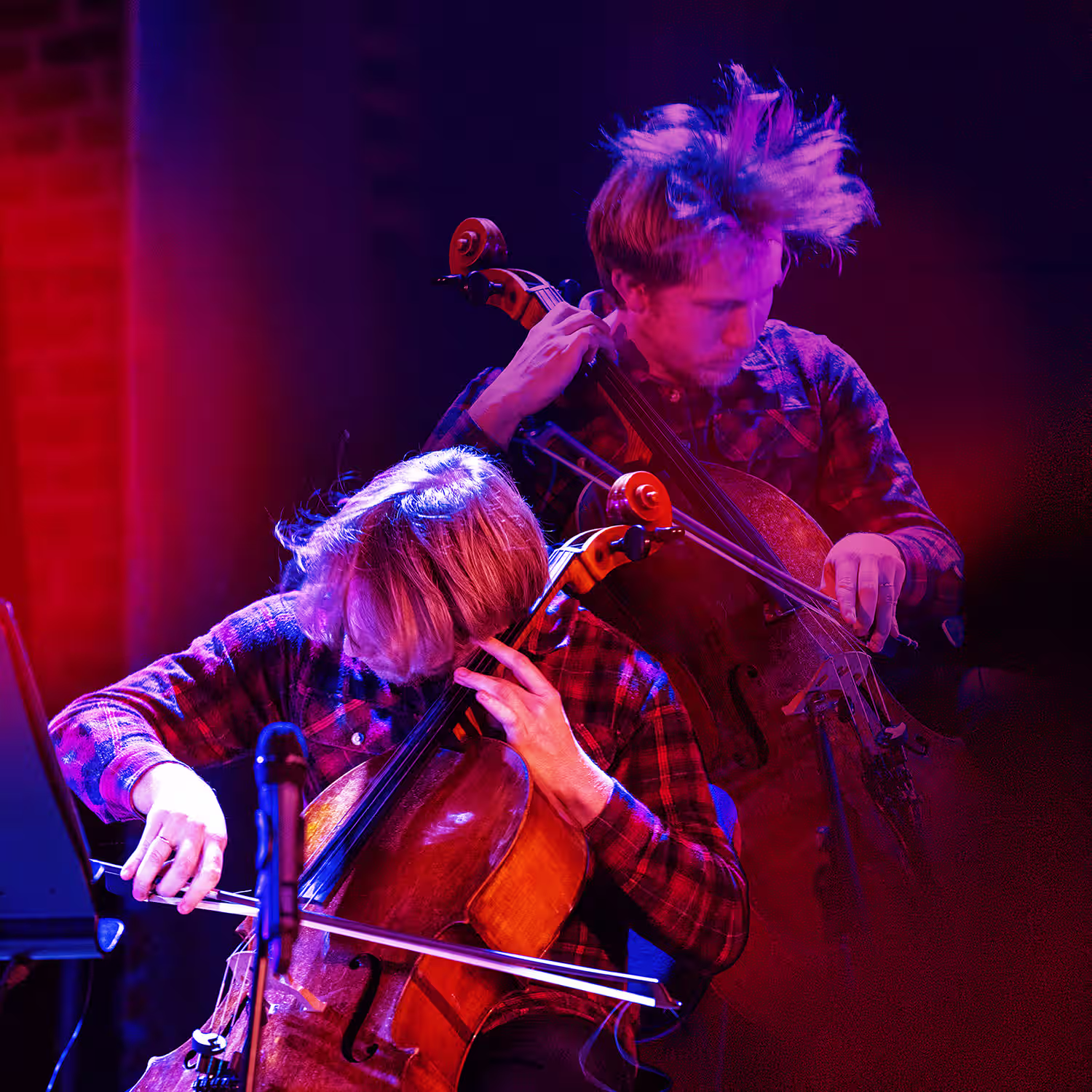 A cellist headbanging while performing.