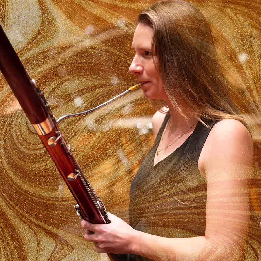 A woman playing a bassoon with gold swirling around her.