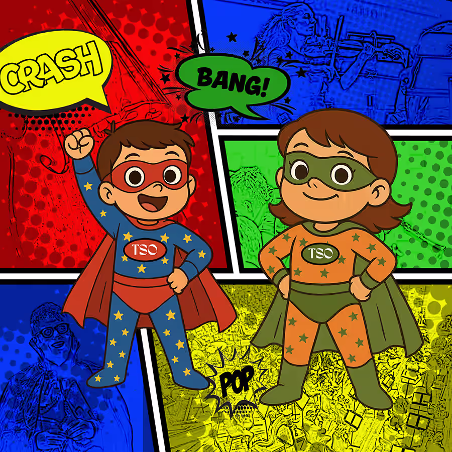 Colorful comic-style illustration featuring two cartoon superheroes wearing capes and star-patterned costumes with ‘TSO’ on their chests. One character in a blue outfit with a red cape and mask raises a fist, while the other in an orange outfit