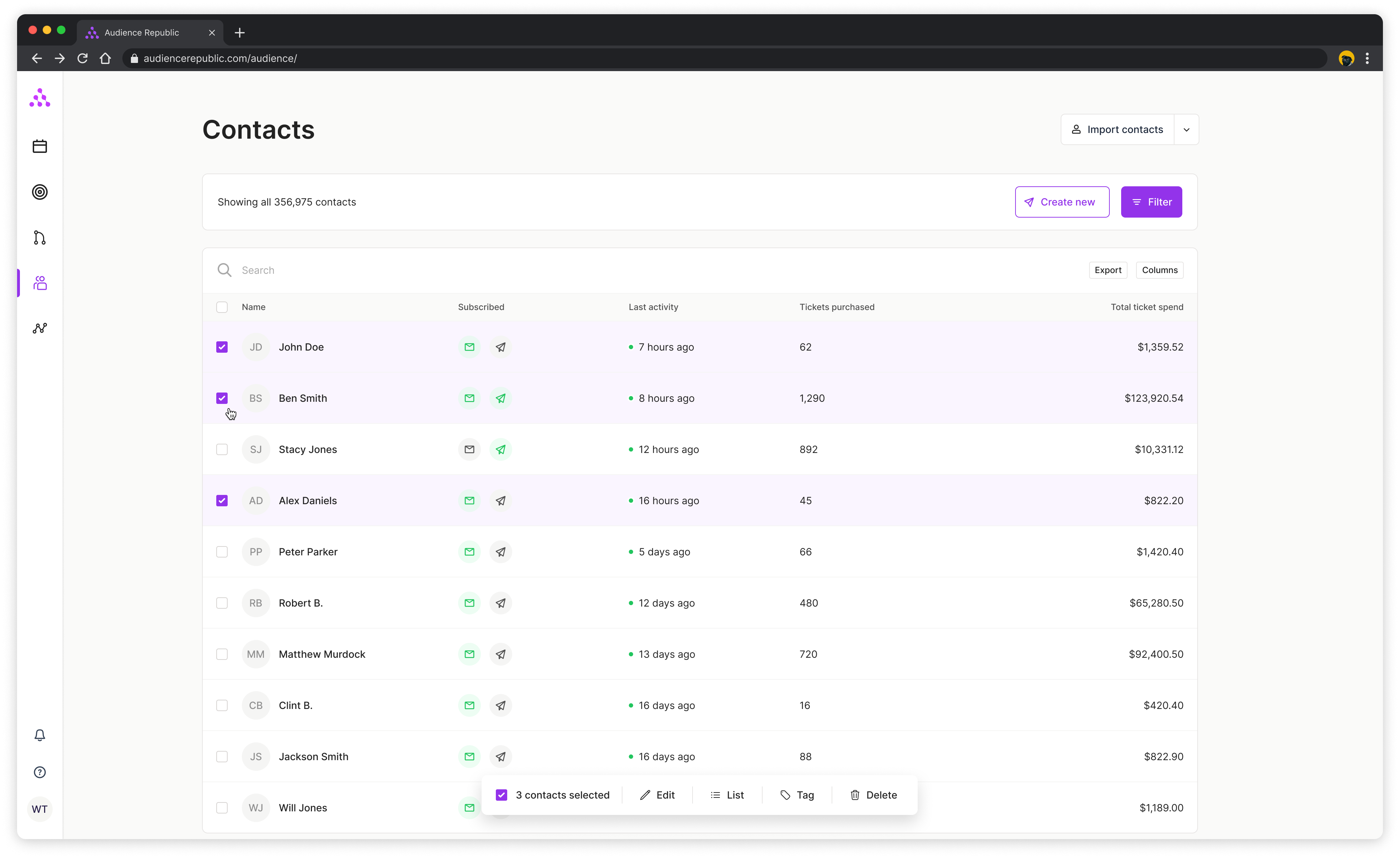 Image of new Audience Republic contact table UI