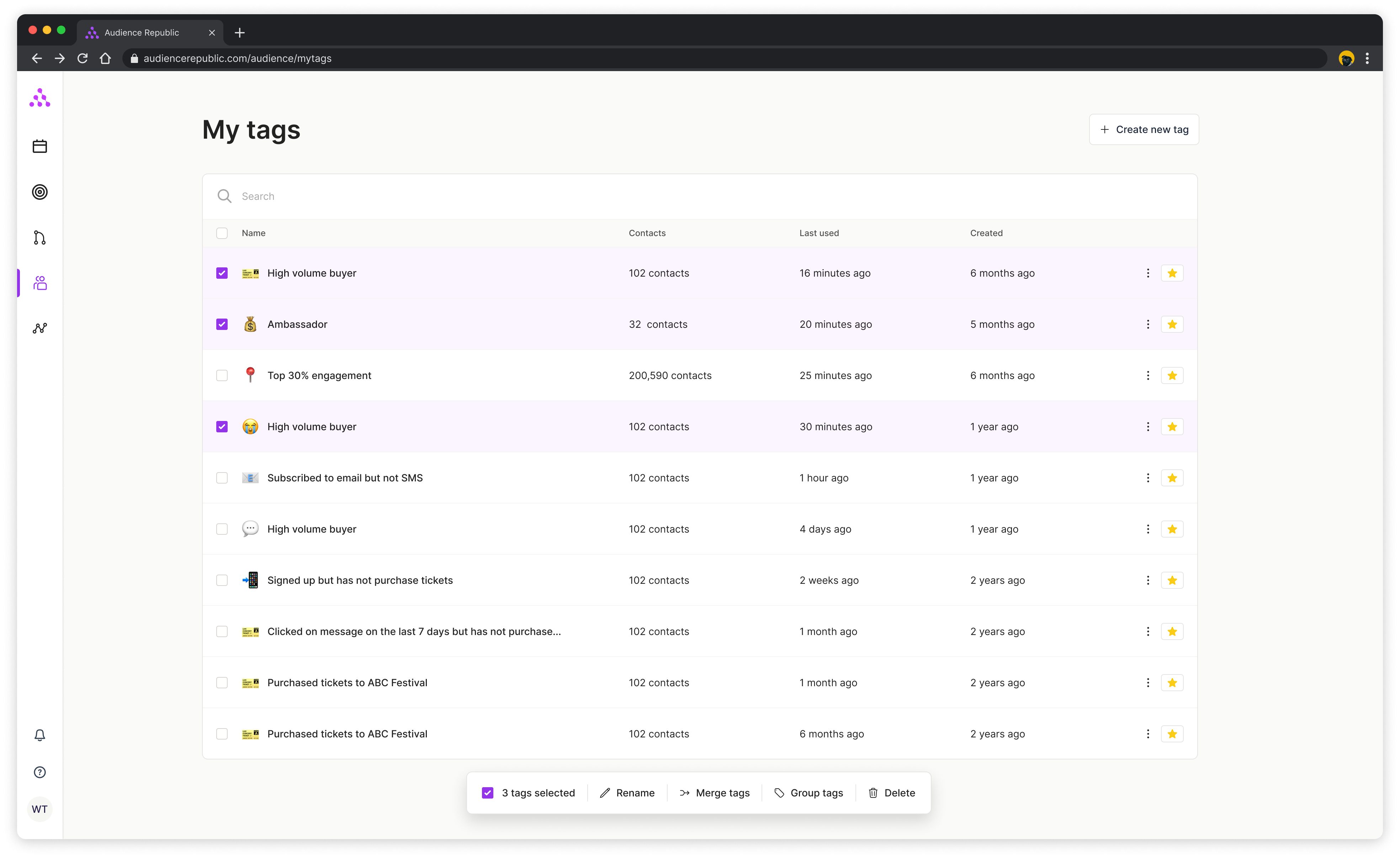 Image of new Audience Republic tag table UI