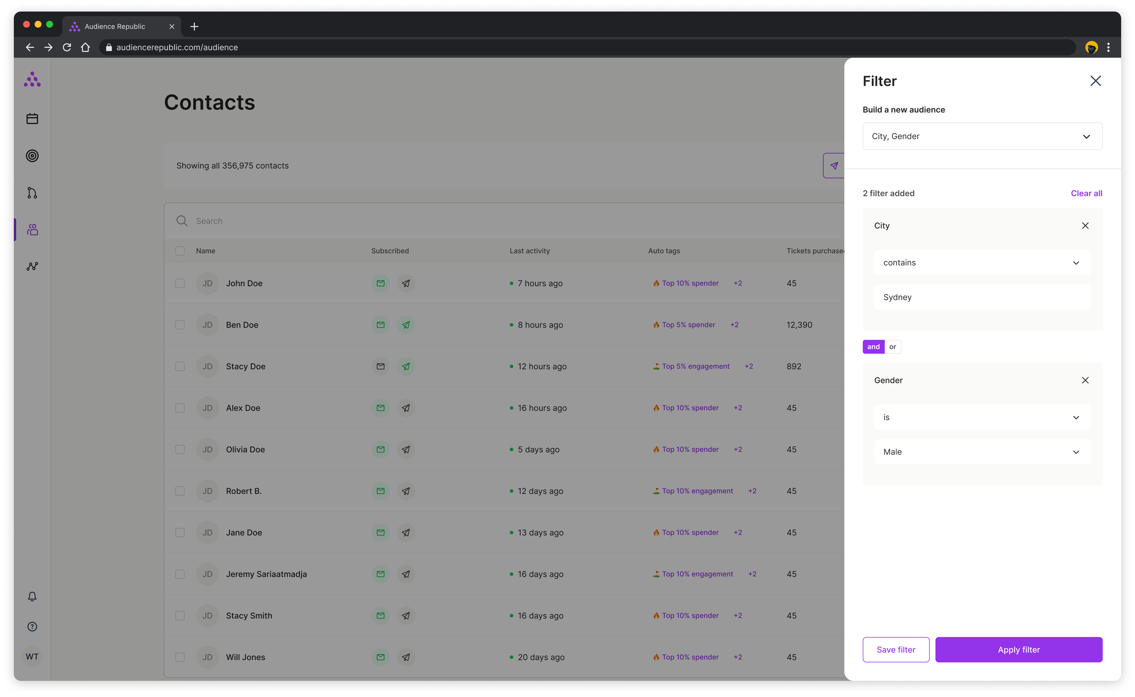 Image of new Audience Republic filtering UI