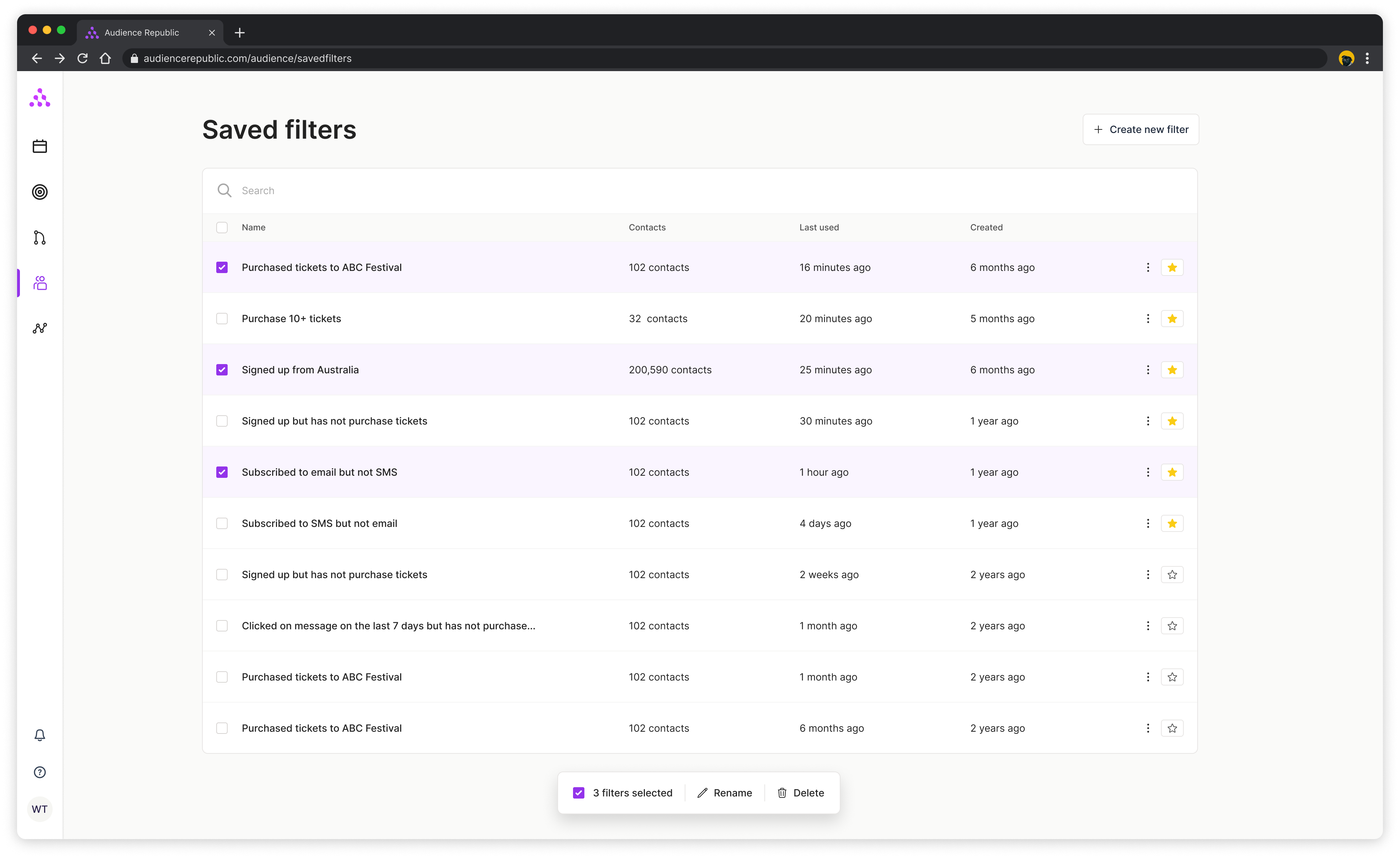 Image of new Audience Republic saved filters table