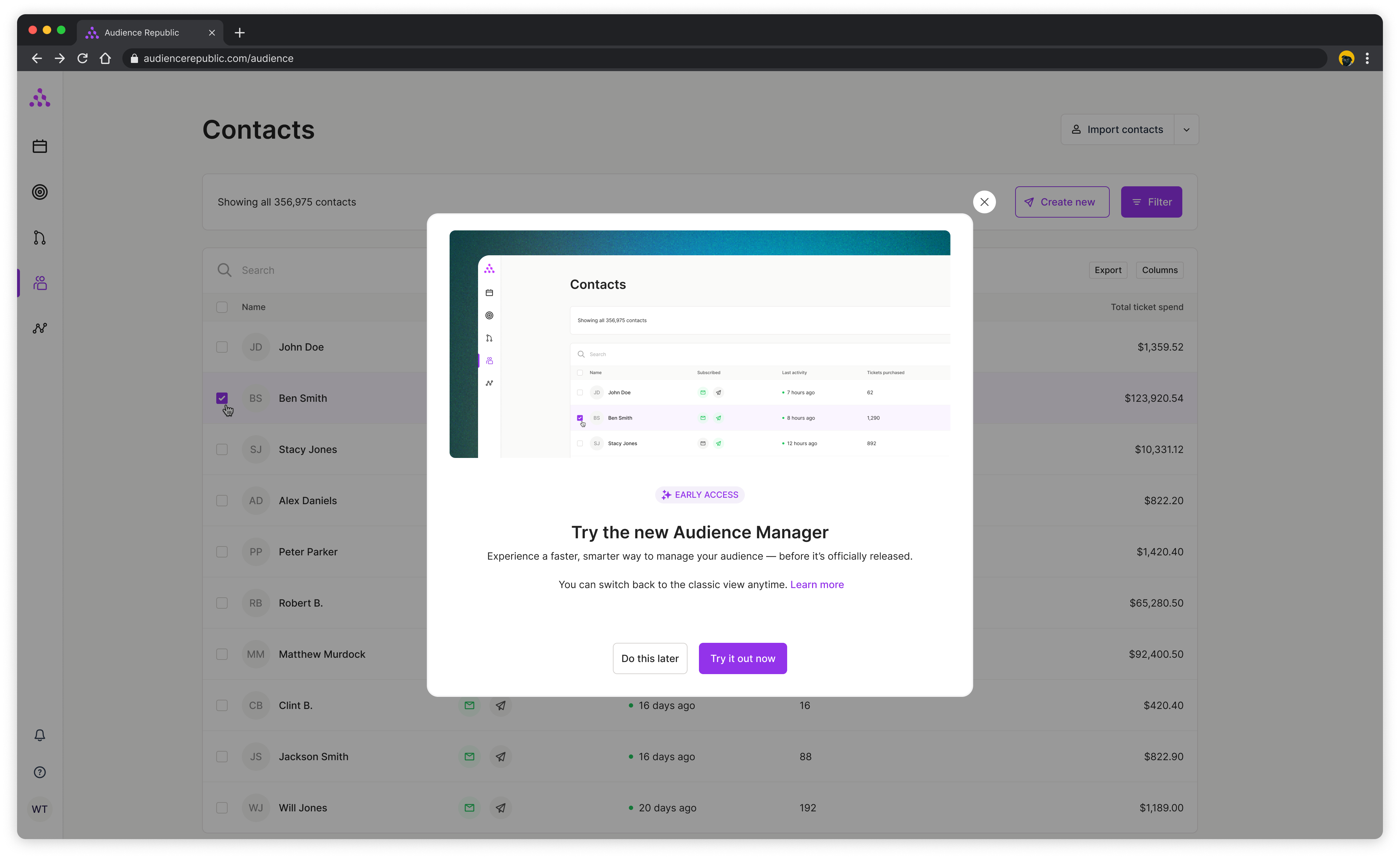 Image of new Audience Republic modal to test new features