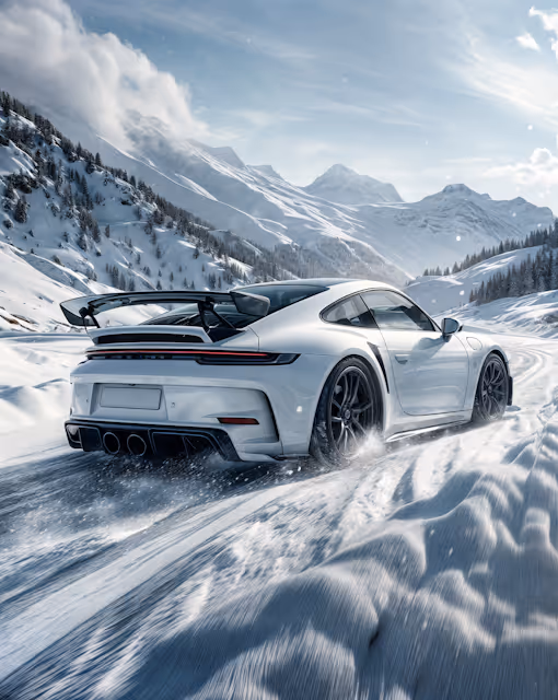 White sports car driving fast on a snowy mountain road with snow-covered hills and a partly cloudy sky.