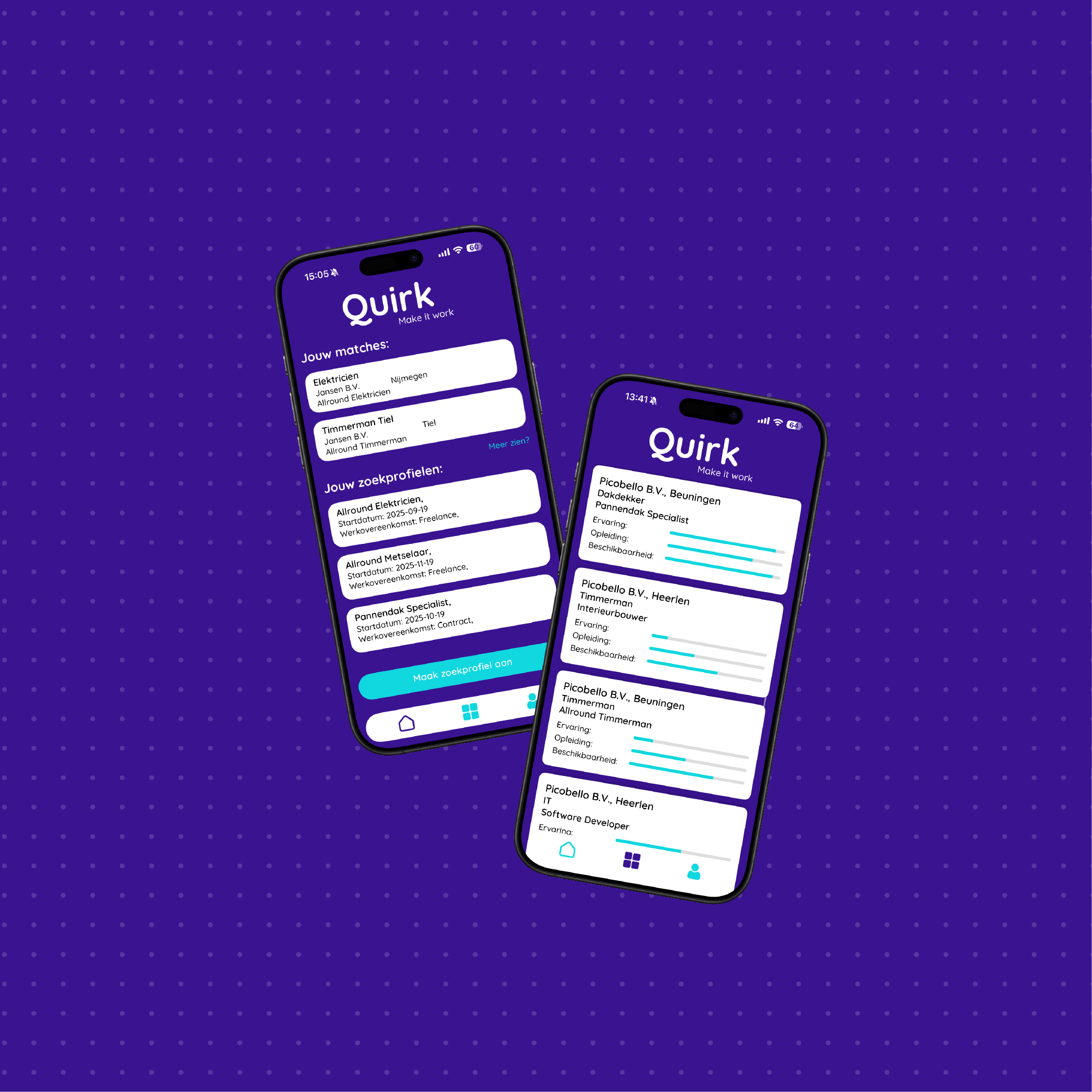 Quirk app-mockup met een moderne, quirky gebruikersinterface en focus op eenvoud en karakter
