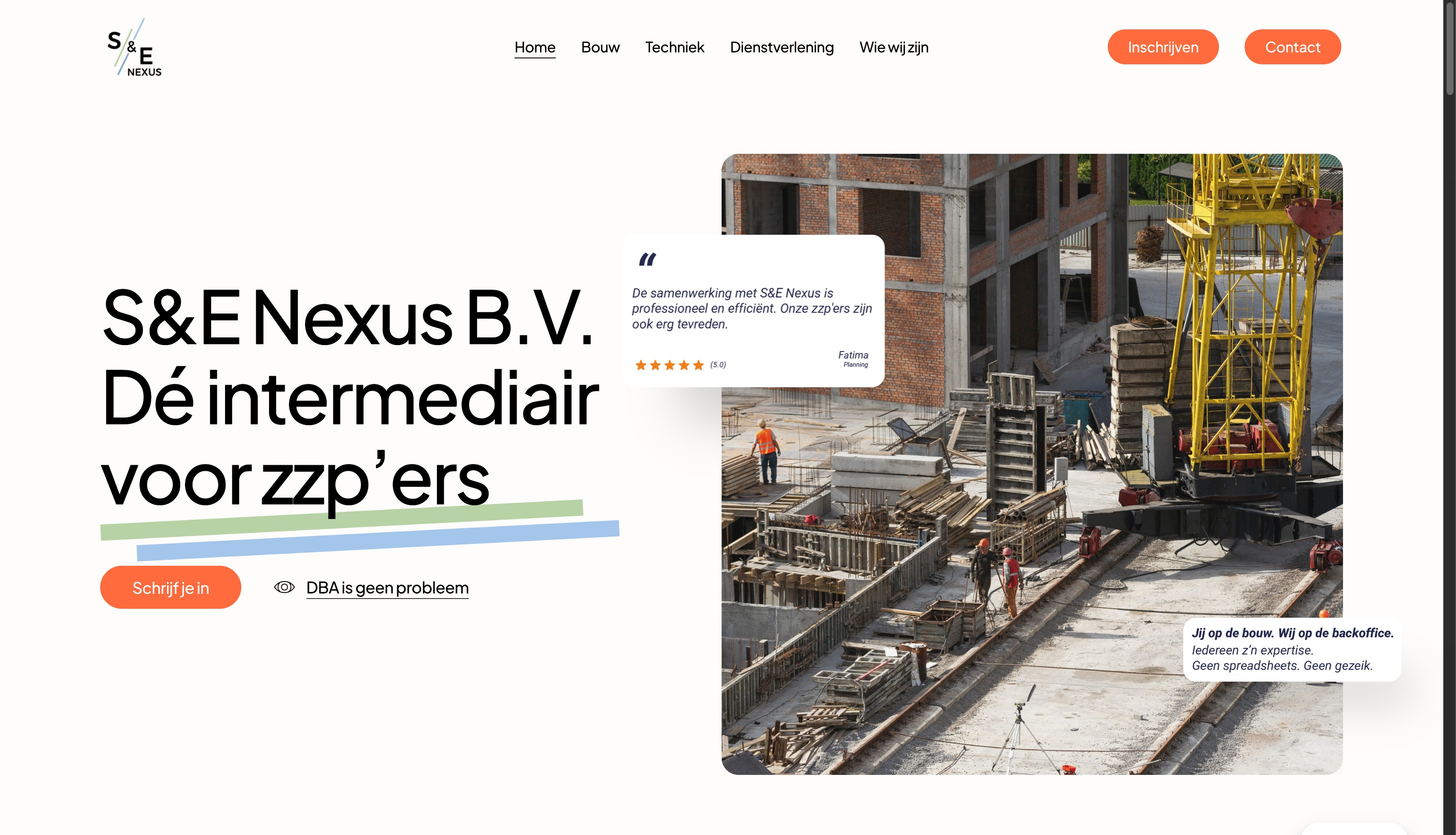 Bouwbedrijf S&E BV aan het werk op een professionele bouwplaats met kraan, bouwvakkers en een project in uitvoering
