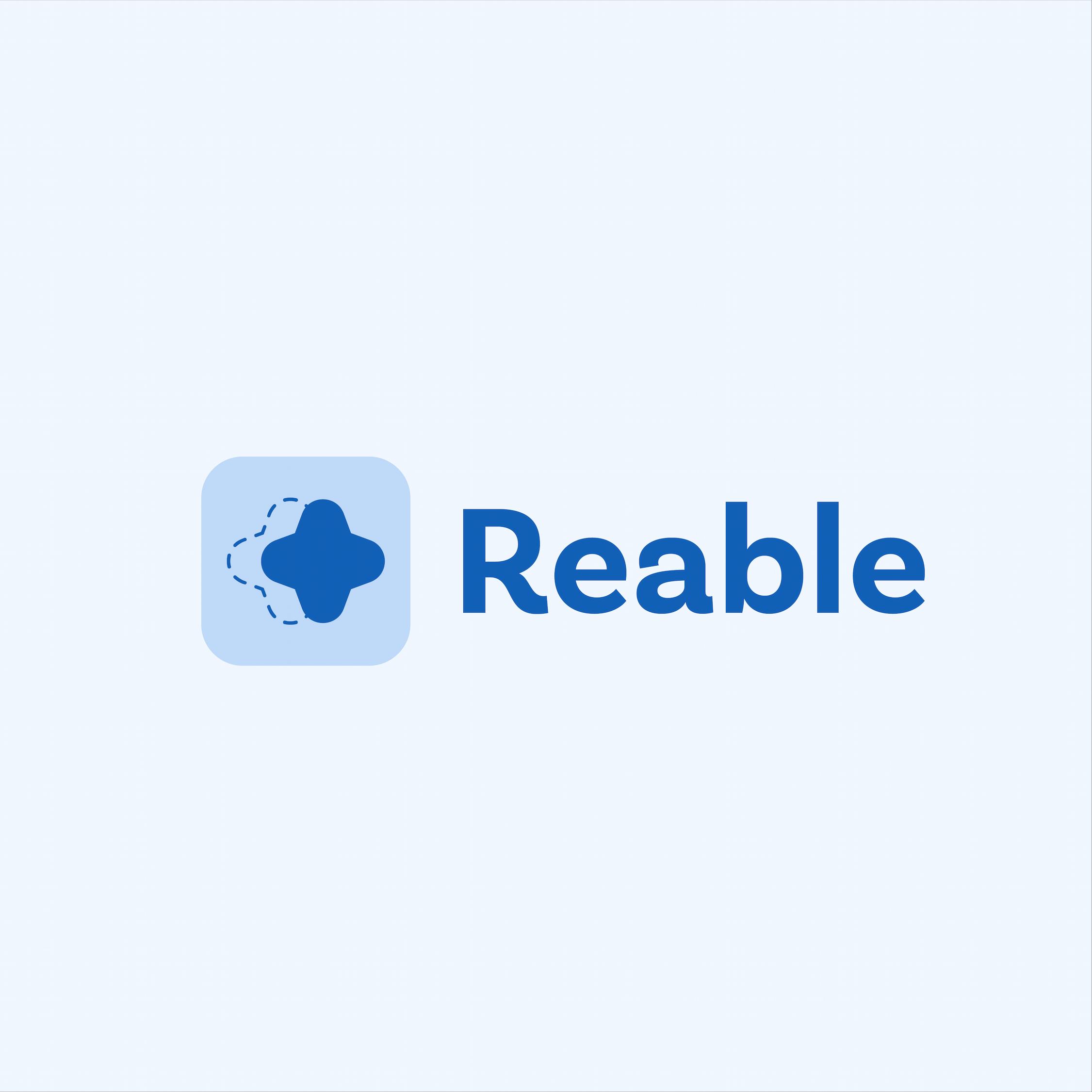 Reable-logo met een gestileerd blauw kruis en blauwe typografie op een lichte achtergrond
