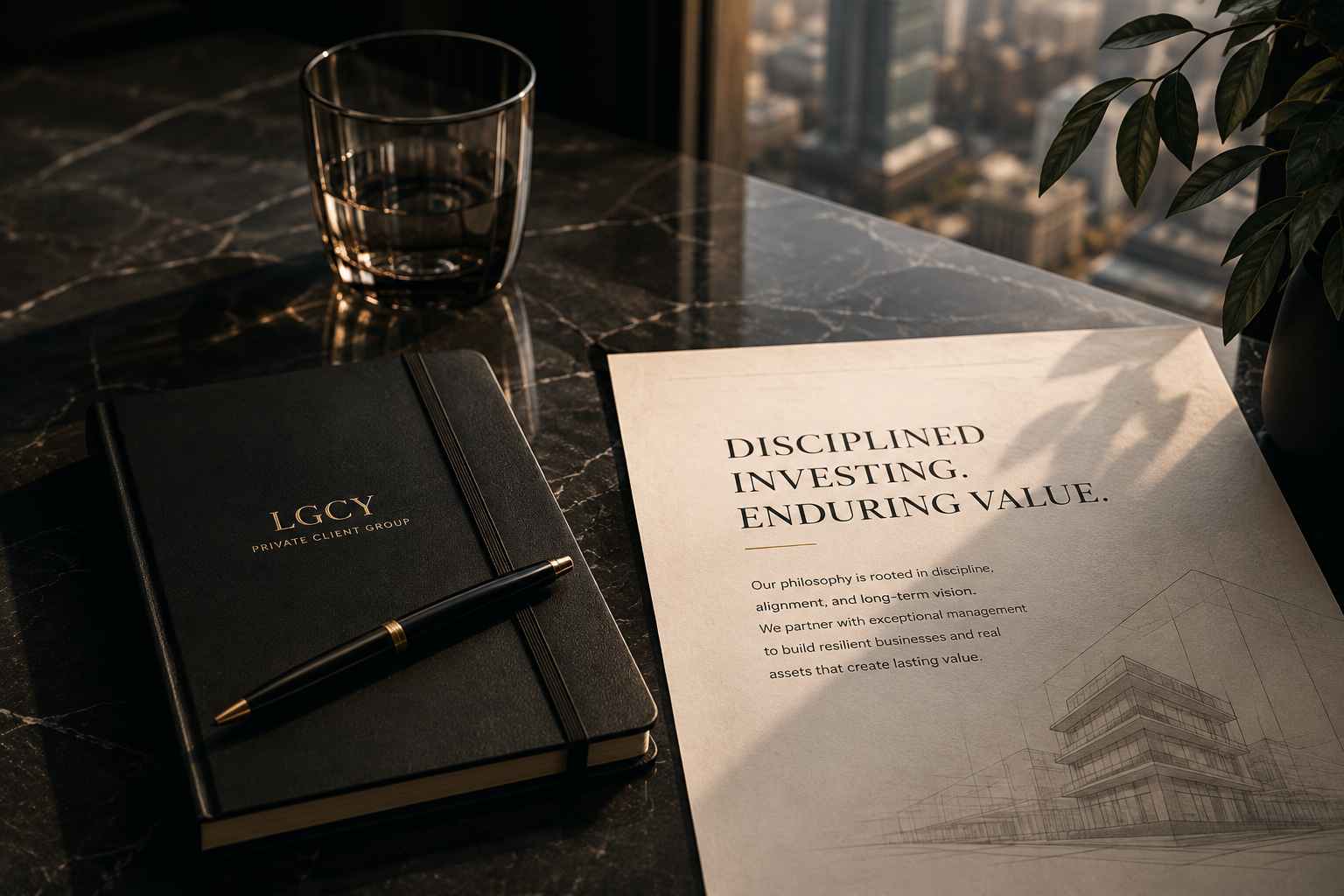 Black LGCY notebook with pen, glass of water, and paper on disciplined investing on marble table.