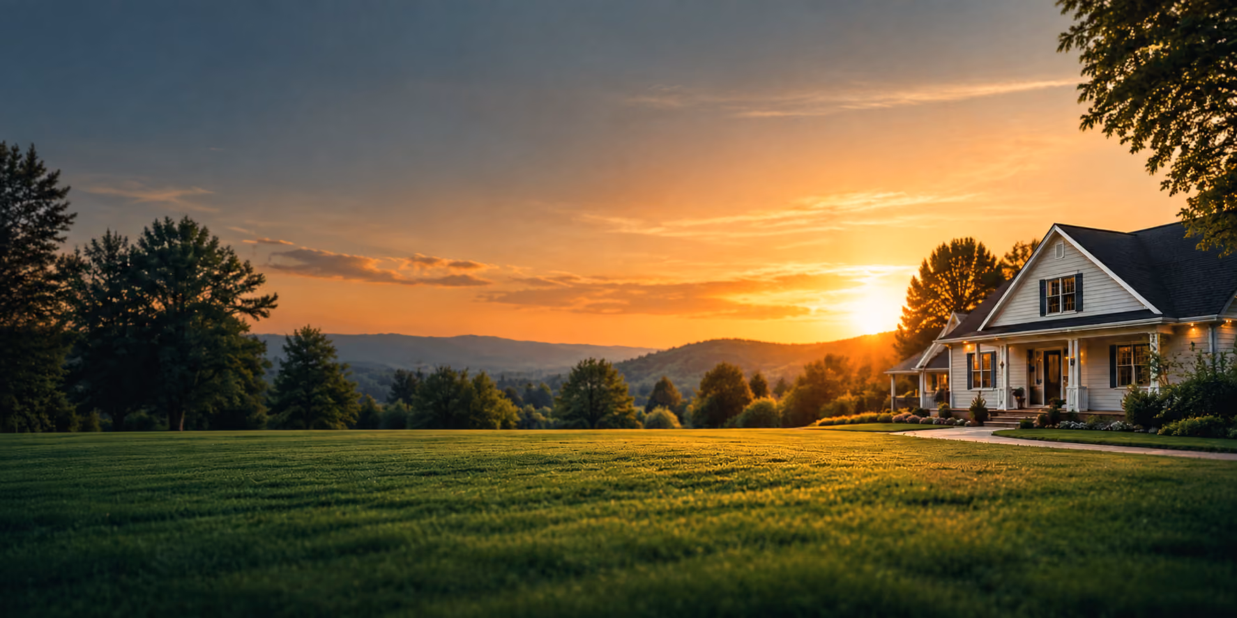 Sunset over a grassy lawn and trees with a white house on the right.
