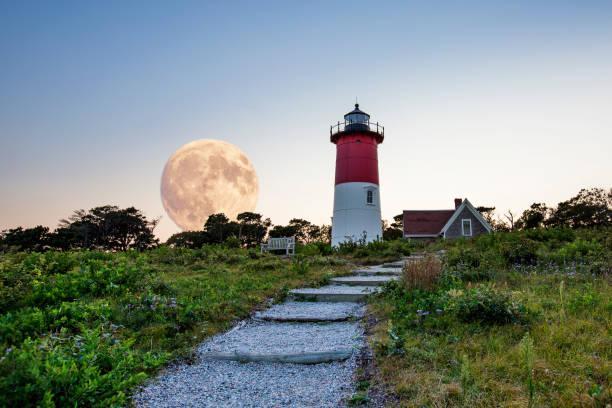 An image of Nauset lighthouse with a  full moon in background.