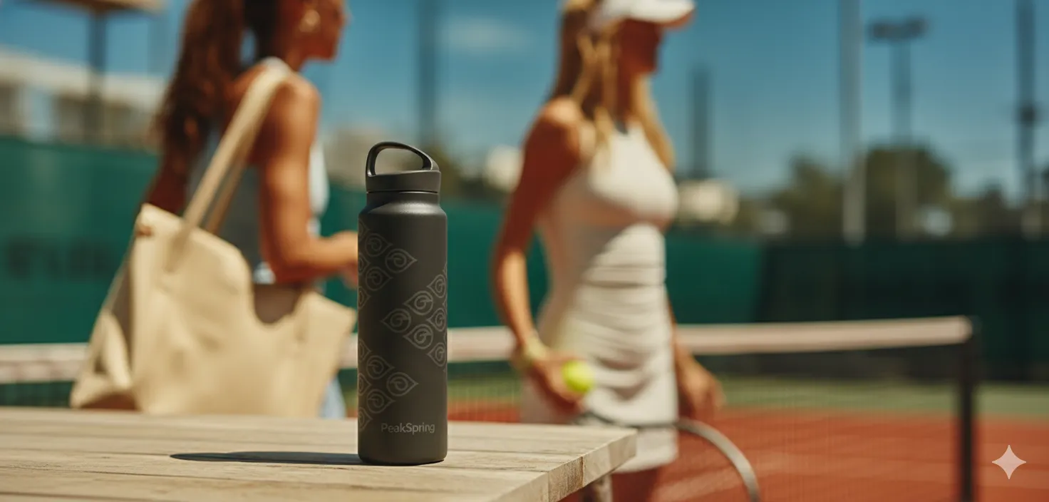 Een zwarte PeakSpring-waterfles op een houten tafel, met op de wazige achtergrond twee vrouwen in tenniskleding op een tennisbaan.