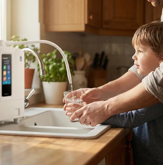 Een kind en een volwassene vullen een glas met water uit een waterfilterkraan boven een gootsteen.