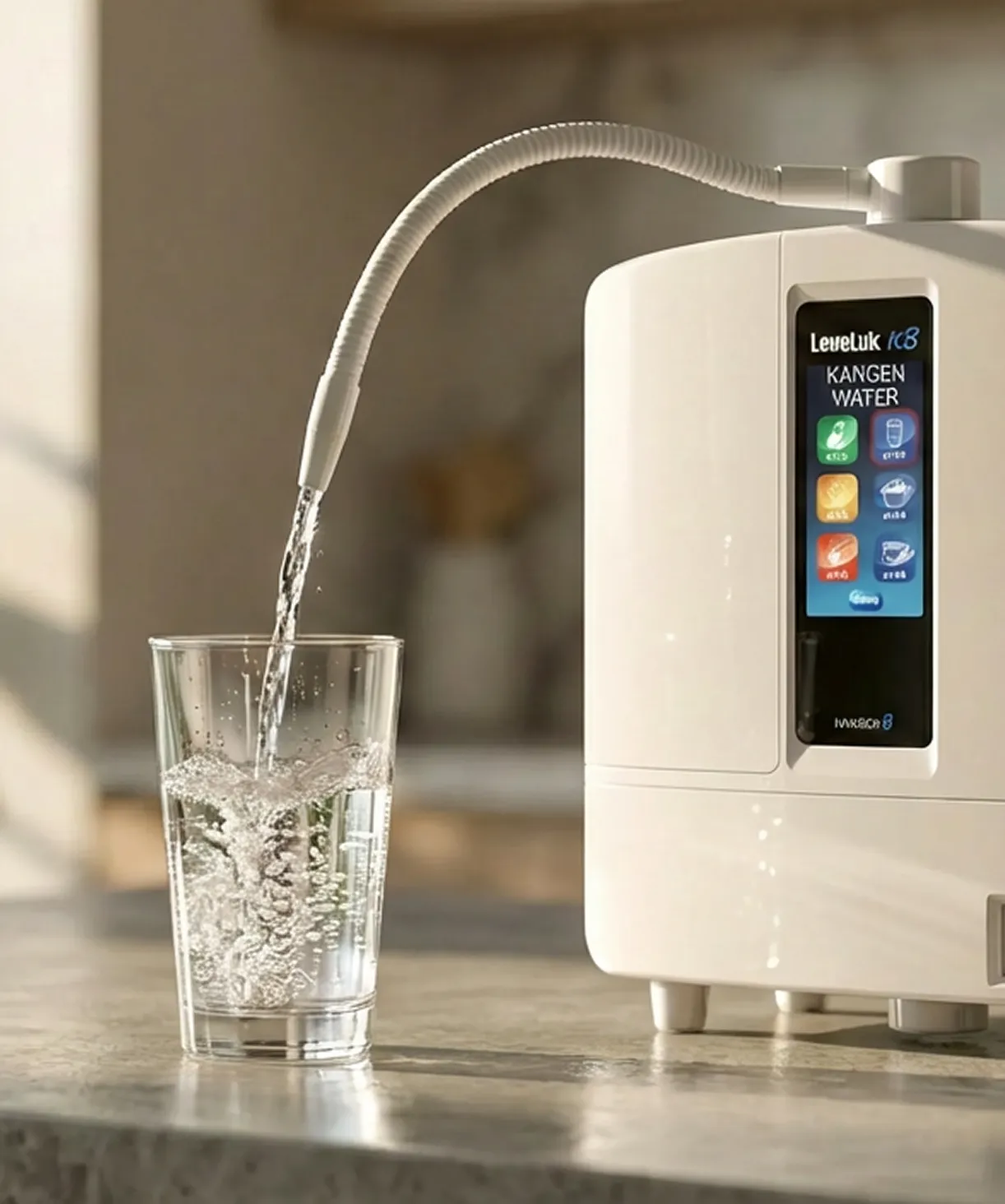 Een waterionisator die water in een helder glas op een aanrecht schenkt.