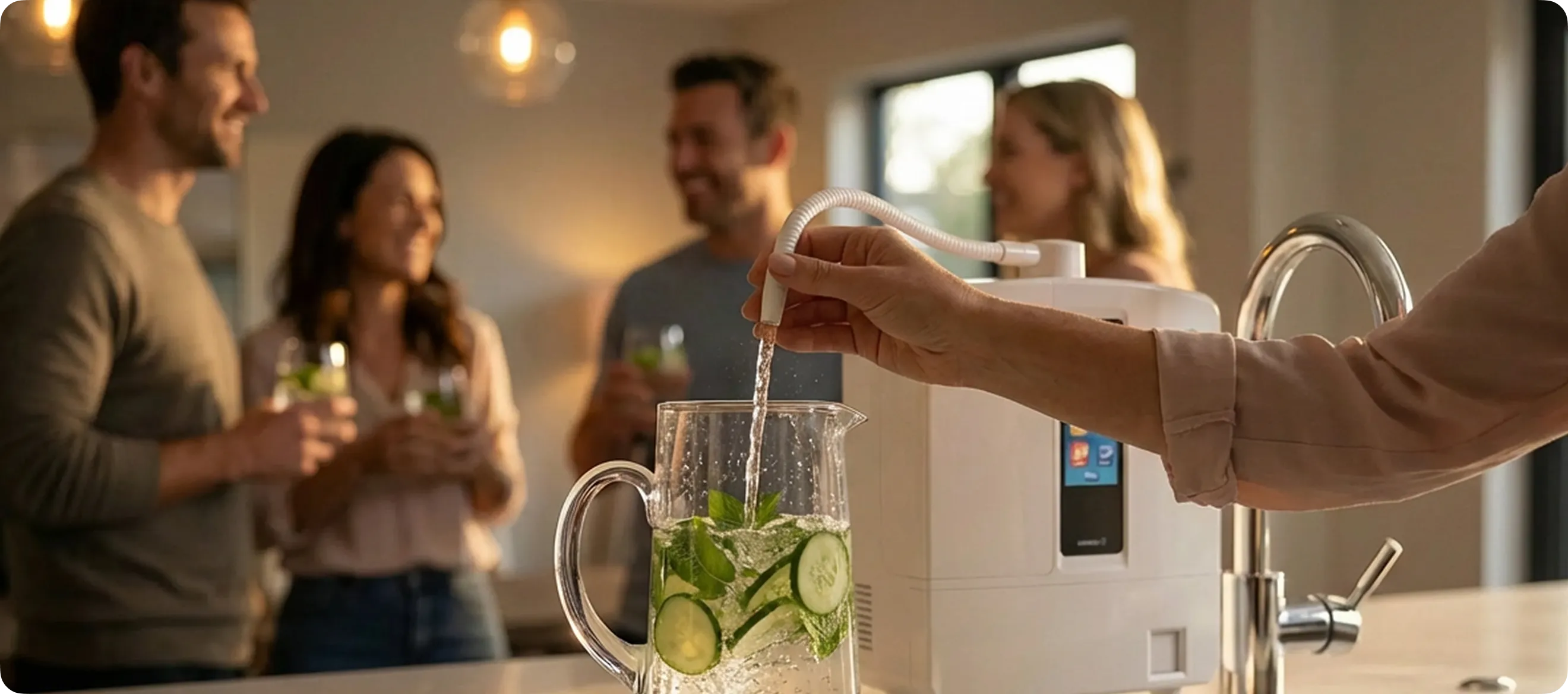 Iemand vult een kan met water met komkommer en munt uit een waterdispenser, terwijl op de achtergrond drie mensen staan te praten met een glas in de hand.
