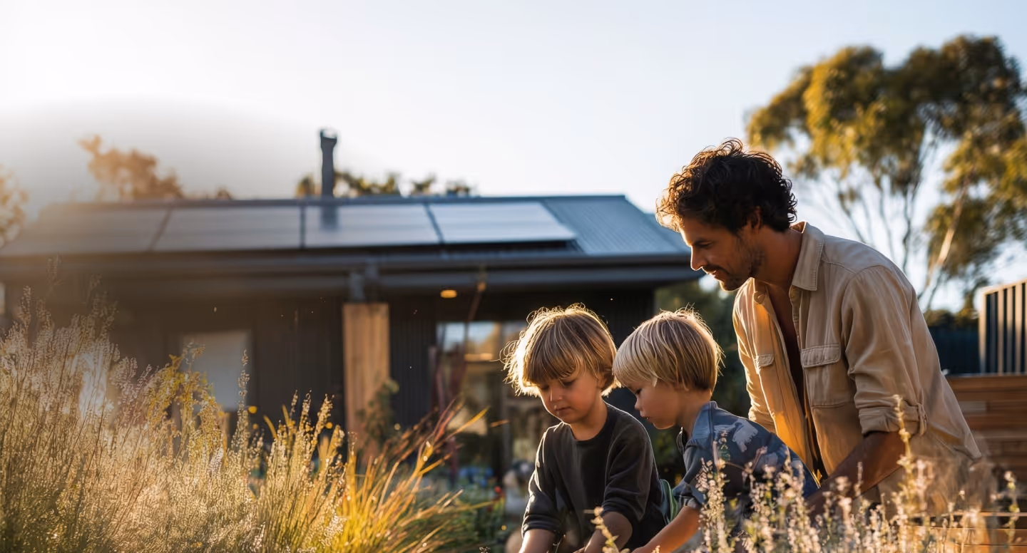 Een vader en twee jonge jongens die samen in de tuin werken in een zonovergoten tuin, met op de achtergrond een modern huis.
