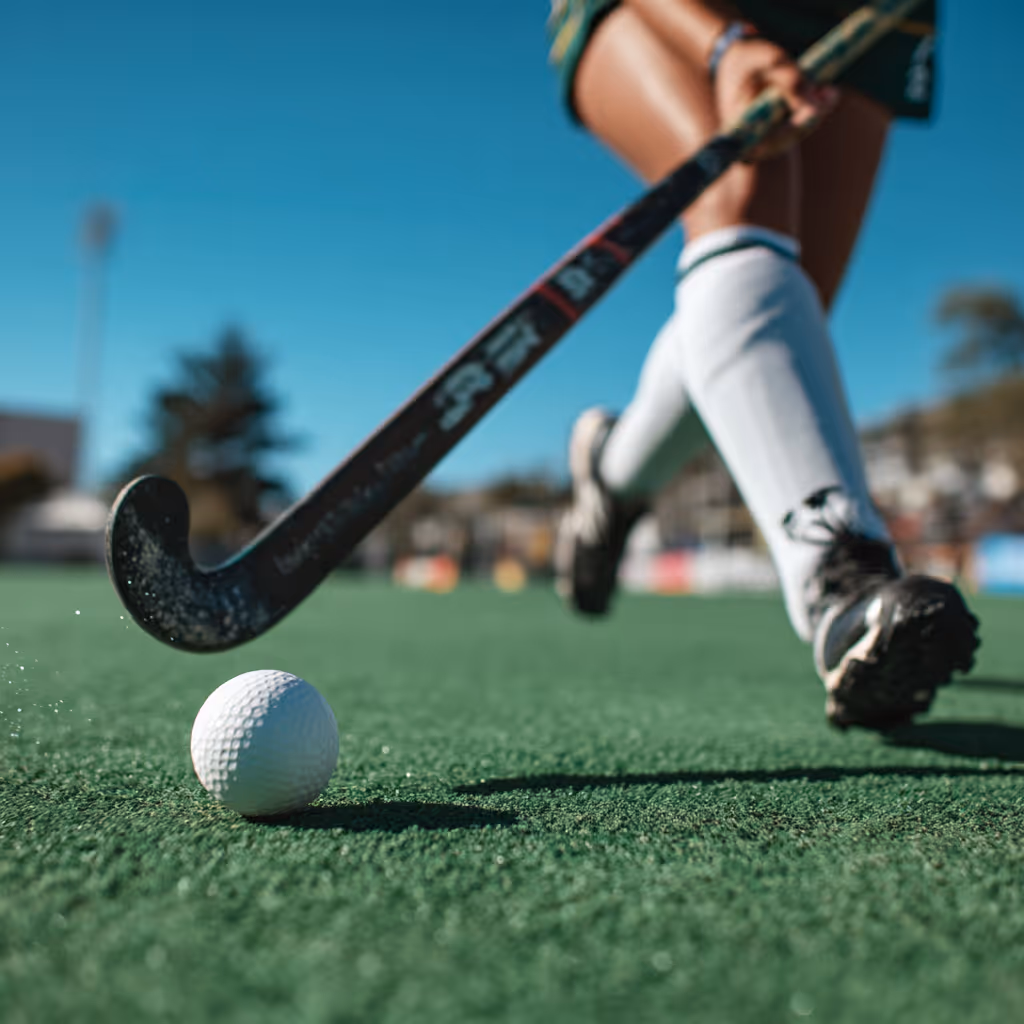 Close-up van een hockeyer met een stick die op kunstgras op een bal afloopt.