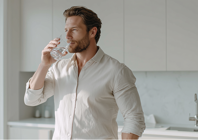 Water glass visual for PeakSpring true cellular hydration with hydrogen-rich alkaline water.