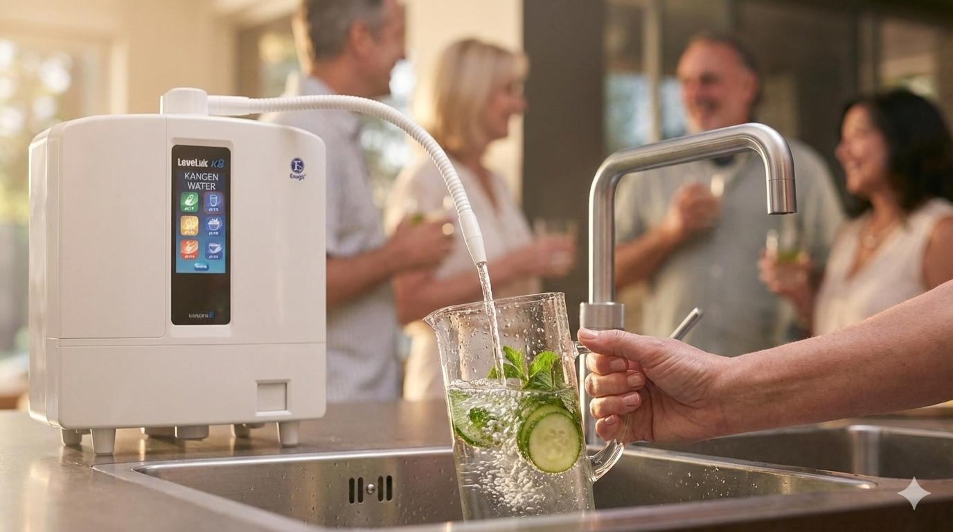 PeakSpring K8 water system lifestyle image for drinking, cooking, cleaning, and skincare.