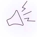 Line drawing of a megaphone with sound waves emitting from it on a pale purple background.