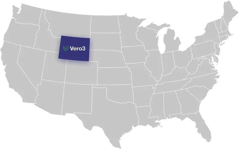 USA map with Vero3 logo above Wyoming.