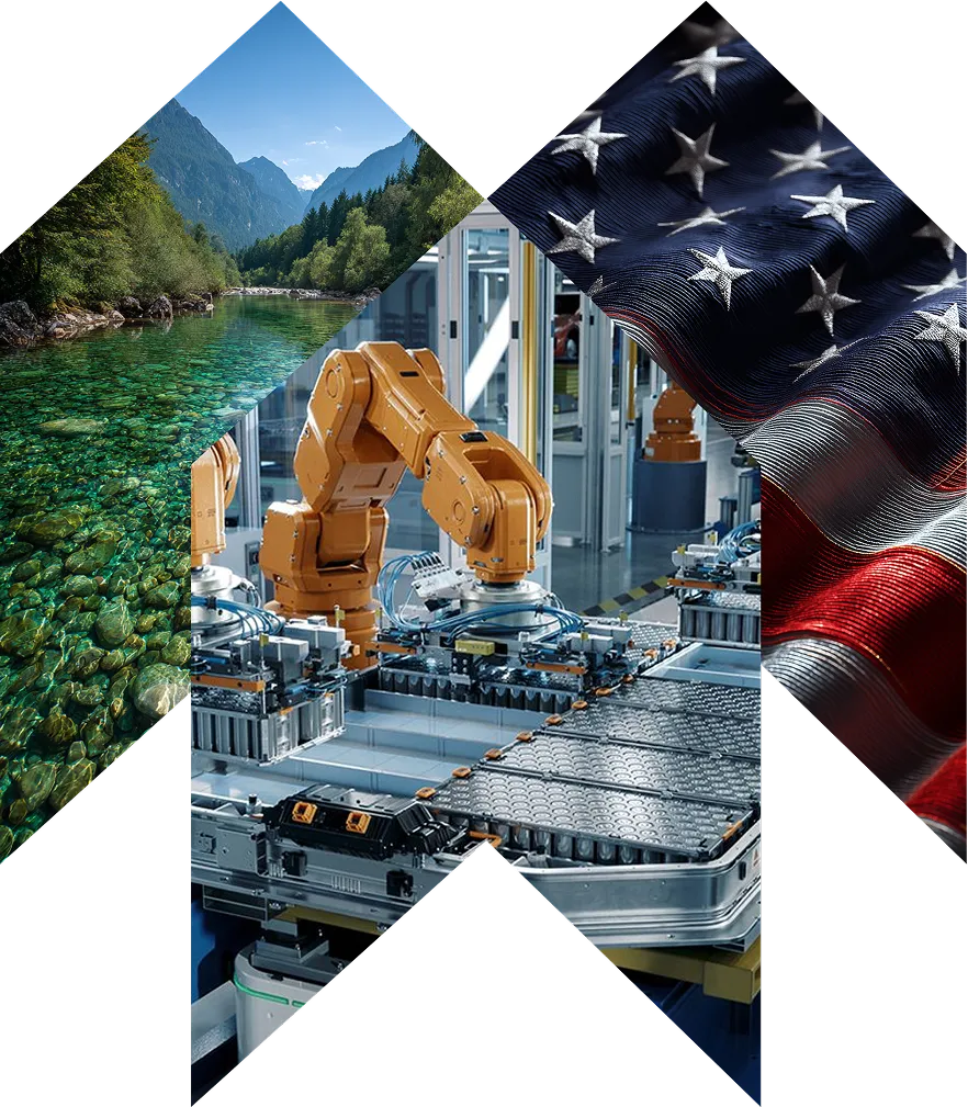 Modern clean mining or processing facility set against snow-covered mountains, symbolizing sustainable resource extraction.