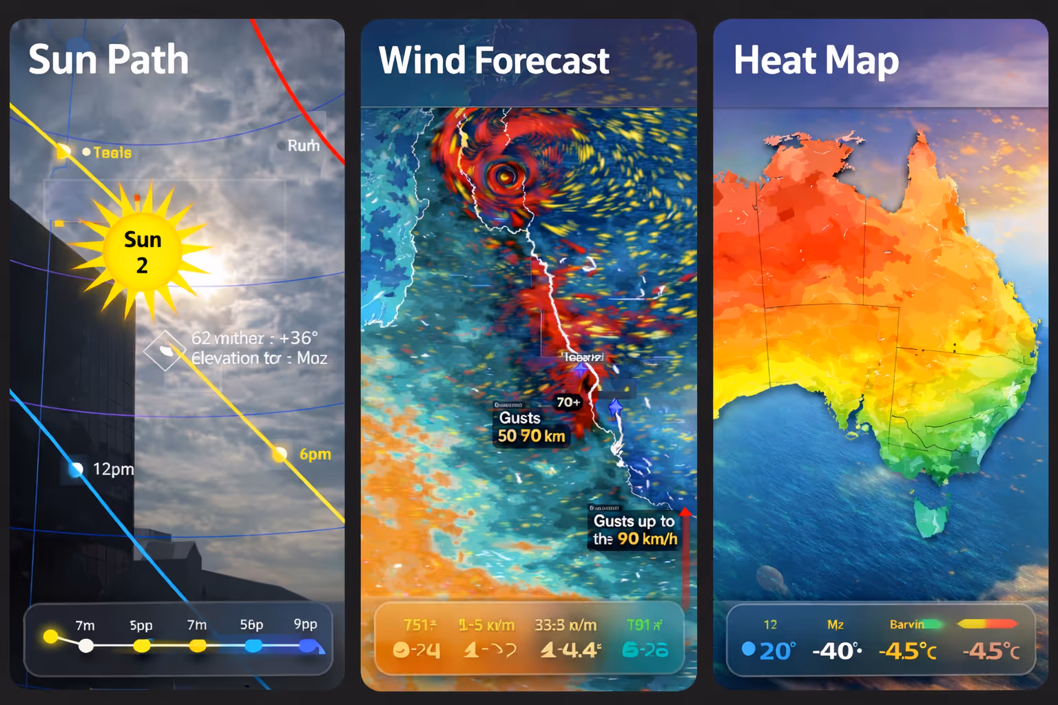 Three-panel weather app interface showing sun path with position marked, wind forecast with color-coded gust speeds over a coastal area, and a heat map of Australia with temperature gradient.