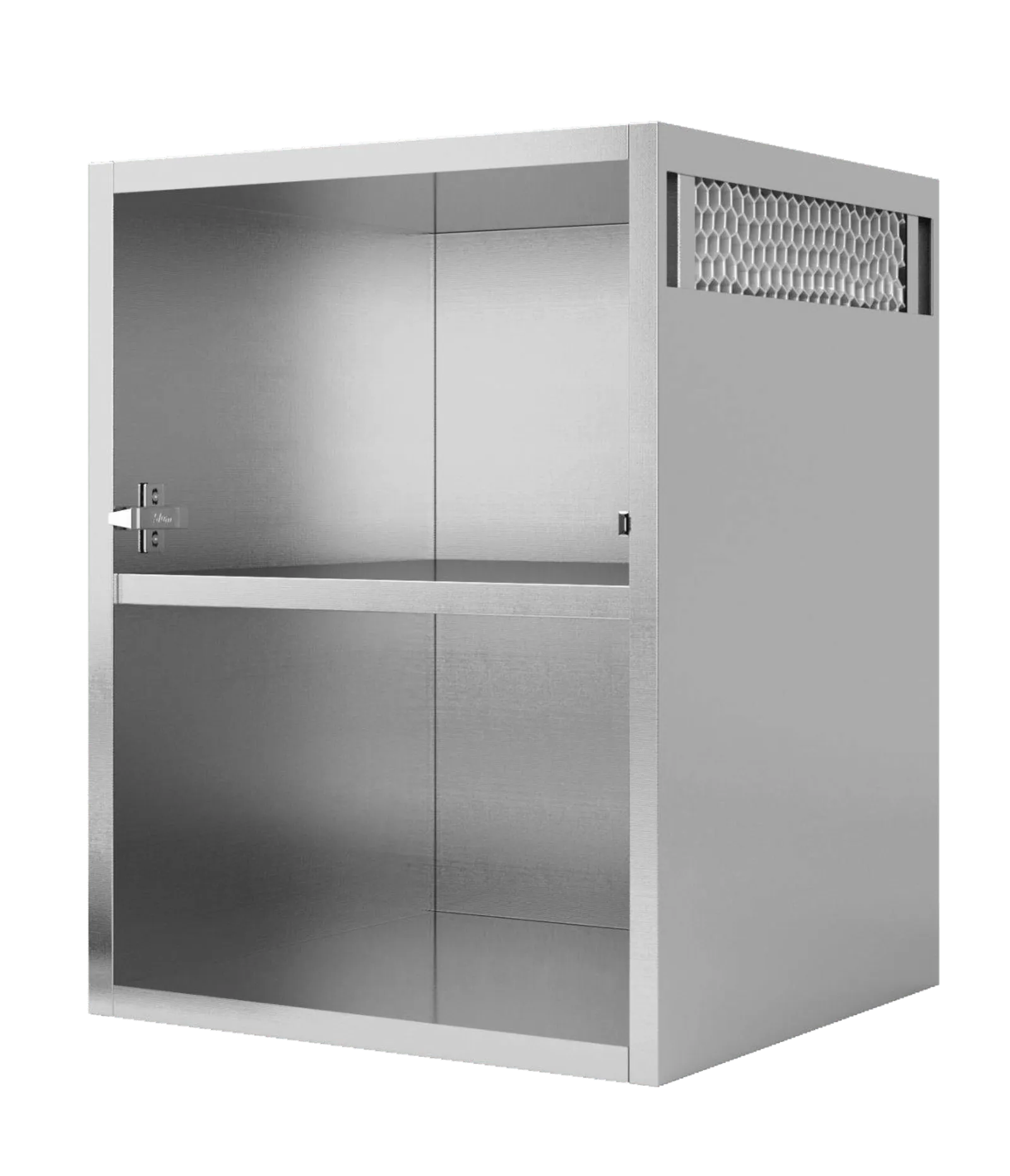 Metal sterilization cabinet with a transparent front door and ventilation grille on top side.