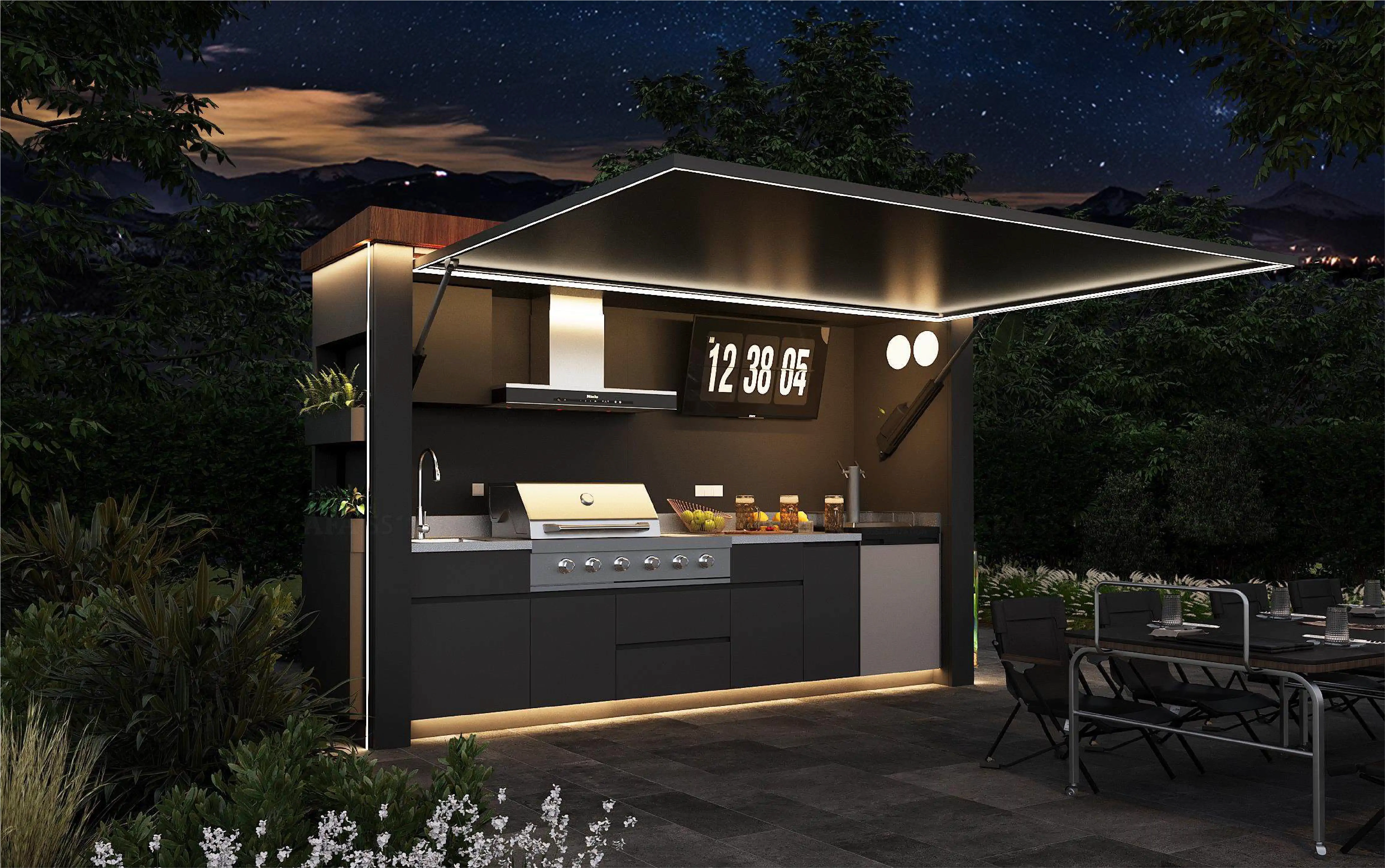 Modern outdoor kitchen with grill, sink, digital clock, and LED-lit canopy under a starry night sky.