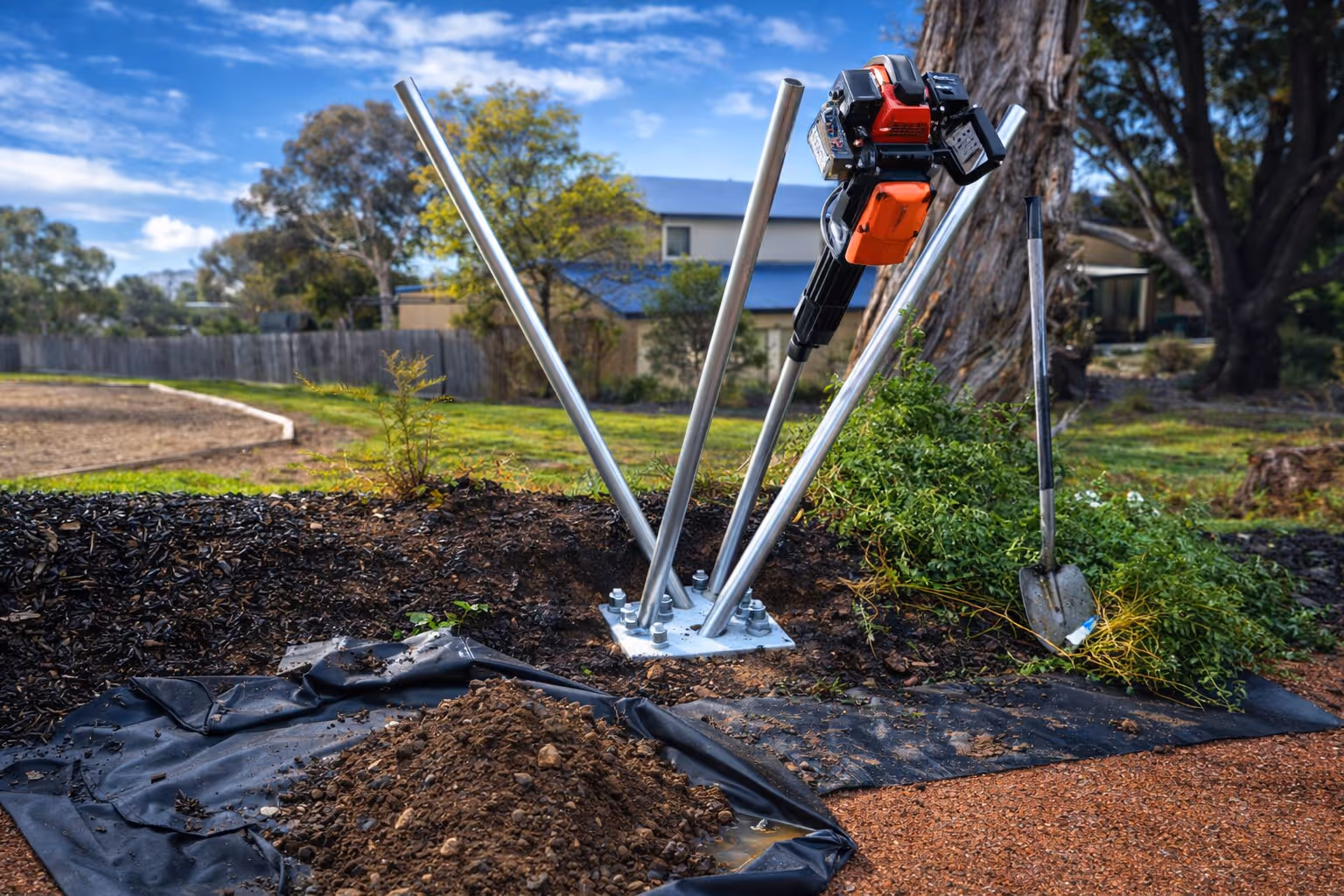 Outdoor soil testing device with metal rods and an attached sensor, set up in a garden with a shovel and soil pile nearby.