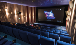 A commerical cinema with Quake, Krix and Trinnov logo on screen 