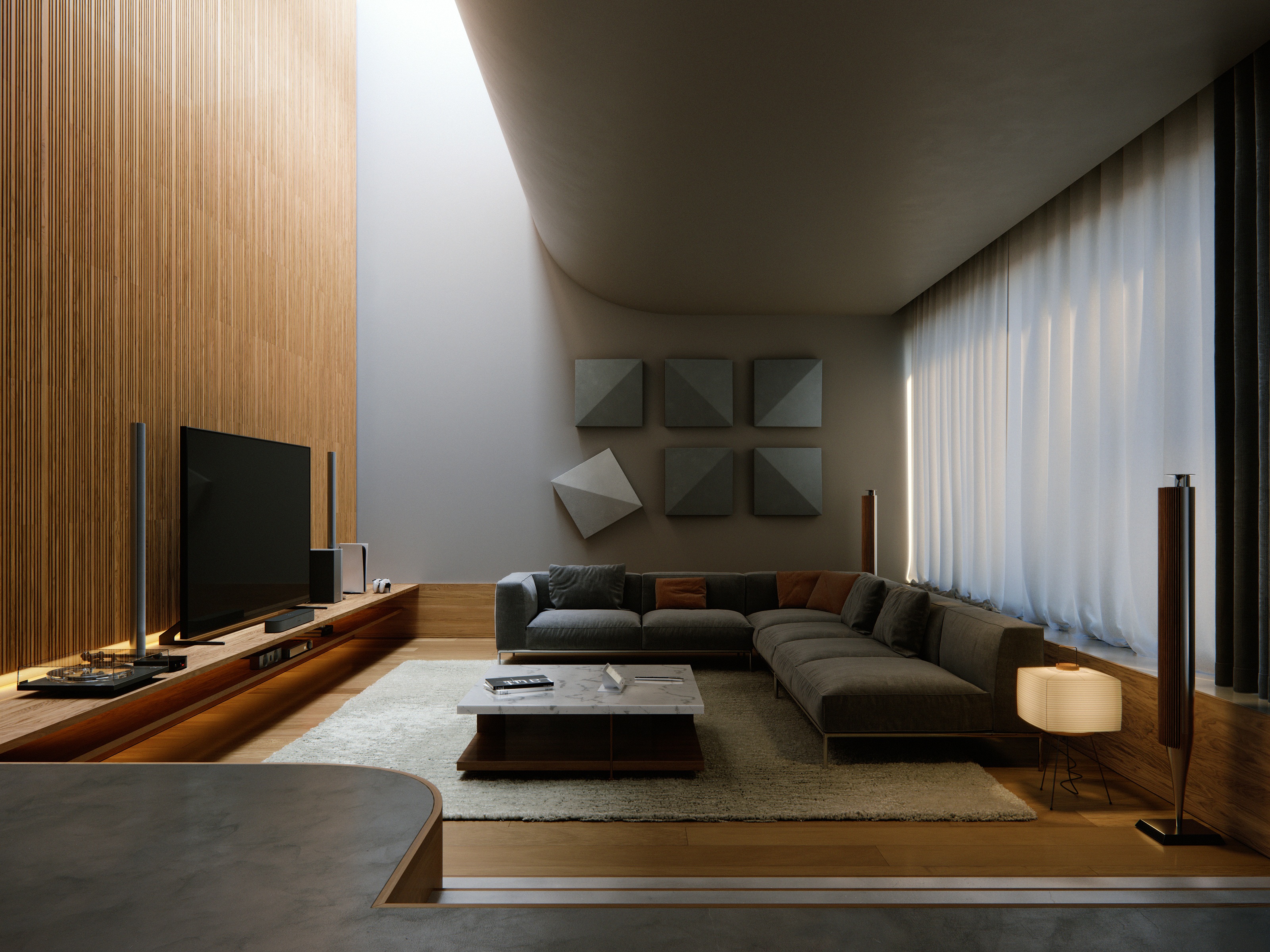 Modern living room with gray sofas, marble coffee table, wood panel wall, large windows, and minimalist decor.