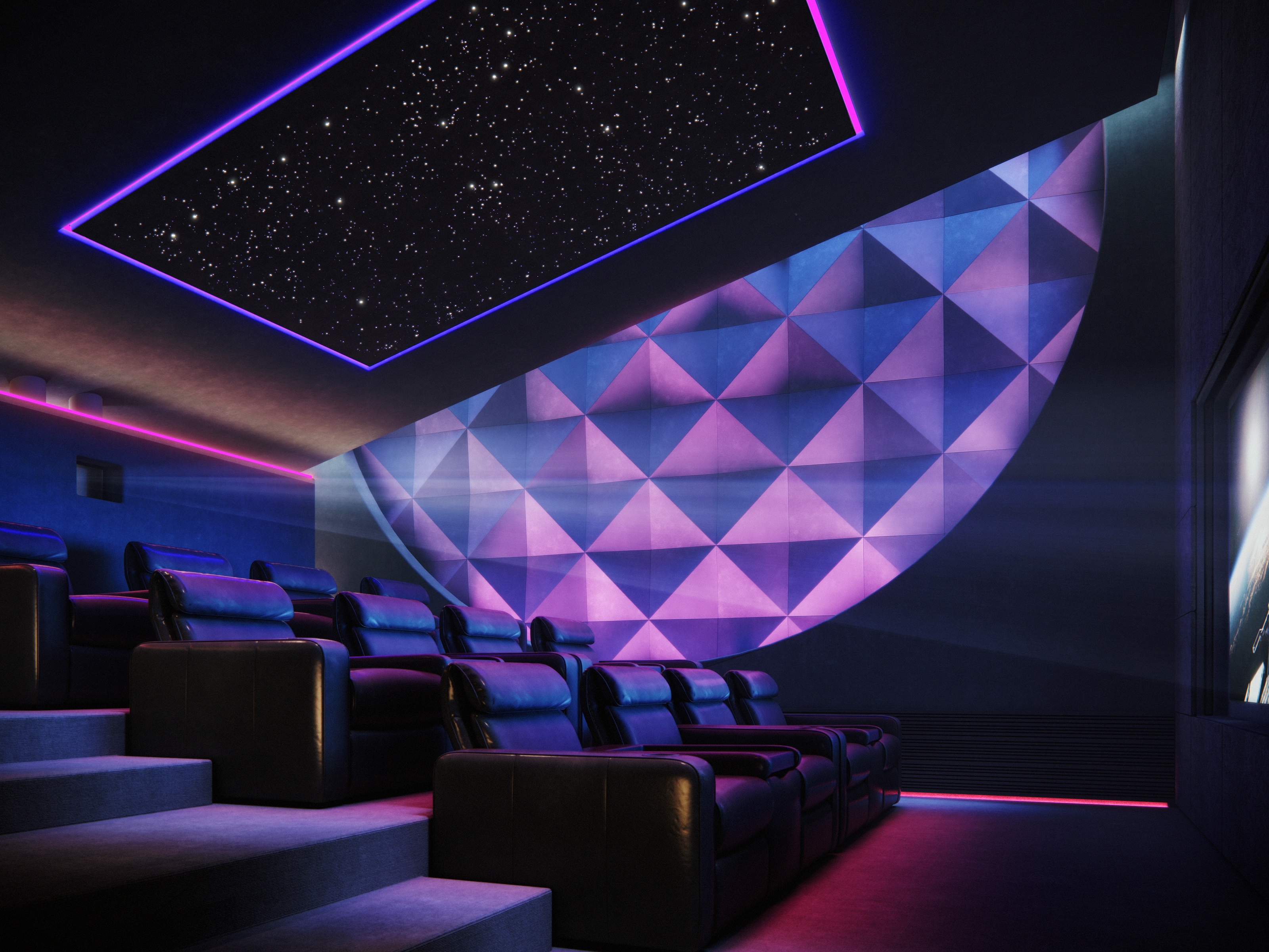 Home theater with black leather recliners, starry ceiling panel, and geometric purple wall lighting.