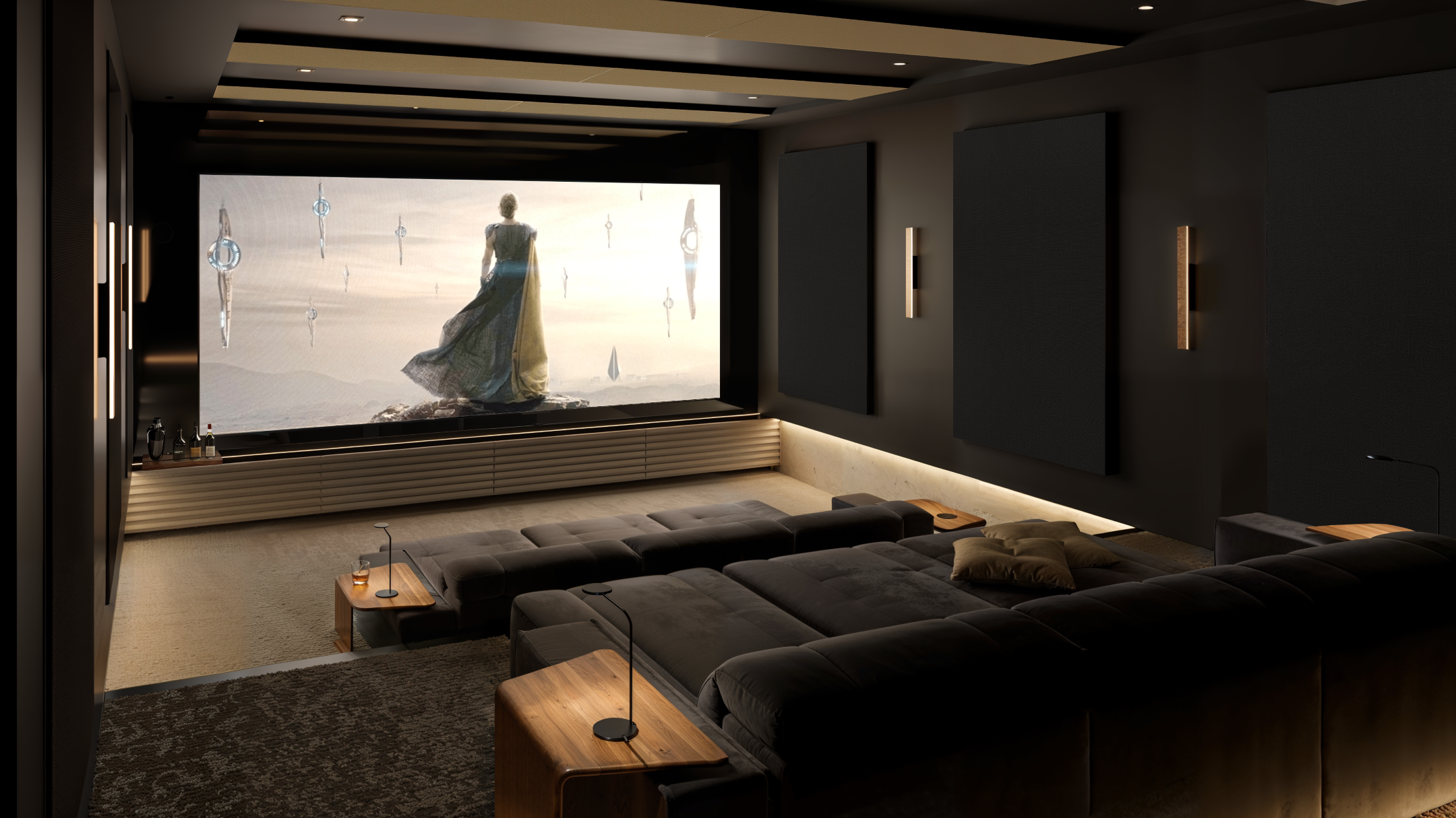 Modern home theater with dark plush seating and a large screen showing a figure in a cape.