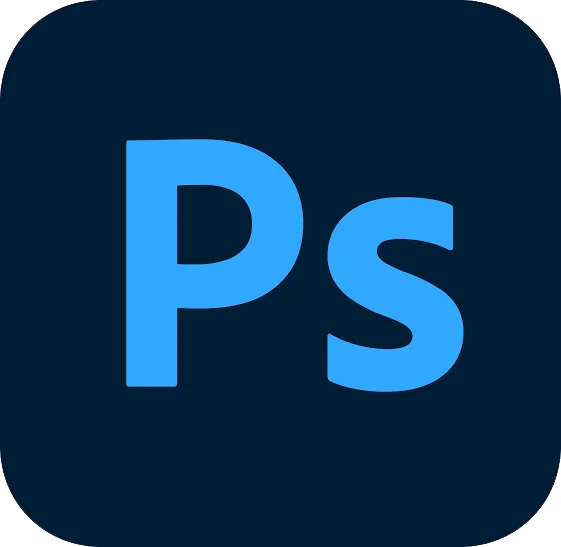 Adobe Photoshop app icon with blue 'Ps' letters on a dark navy square background.