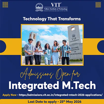 Group of five students standing near VIT University signboard, text about Integrated M.Tech admissions open.