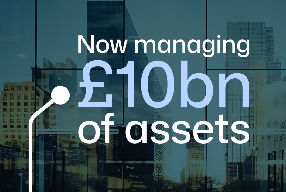 Text over cityscape reading Now managing £10bn of assets.