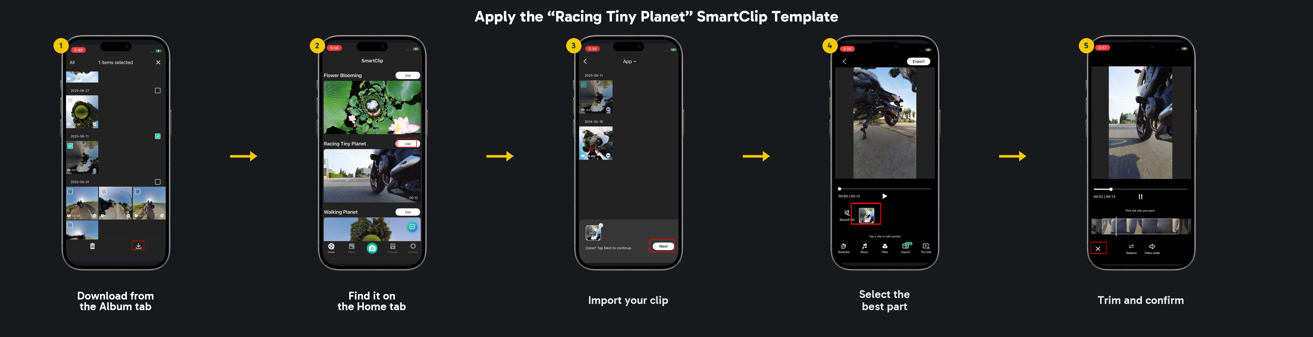 Download, import, and trim a riding clip with the Racing Tiny Planet SmartClip template