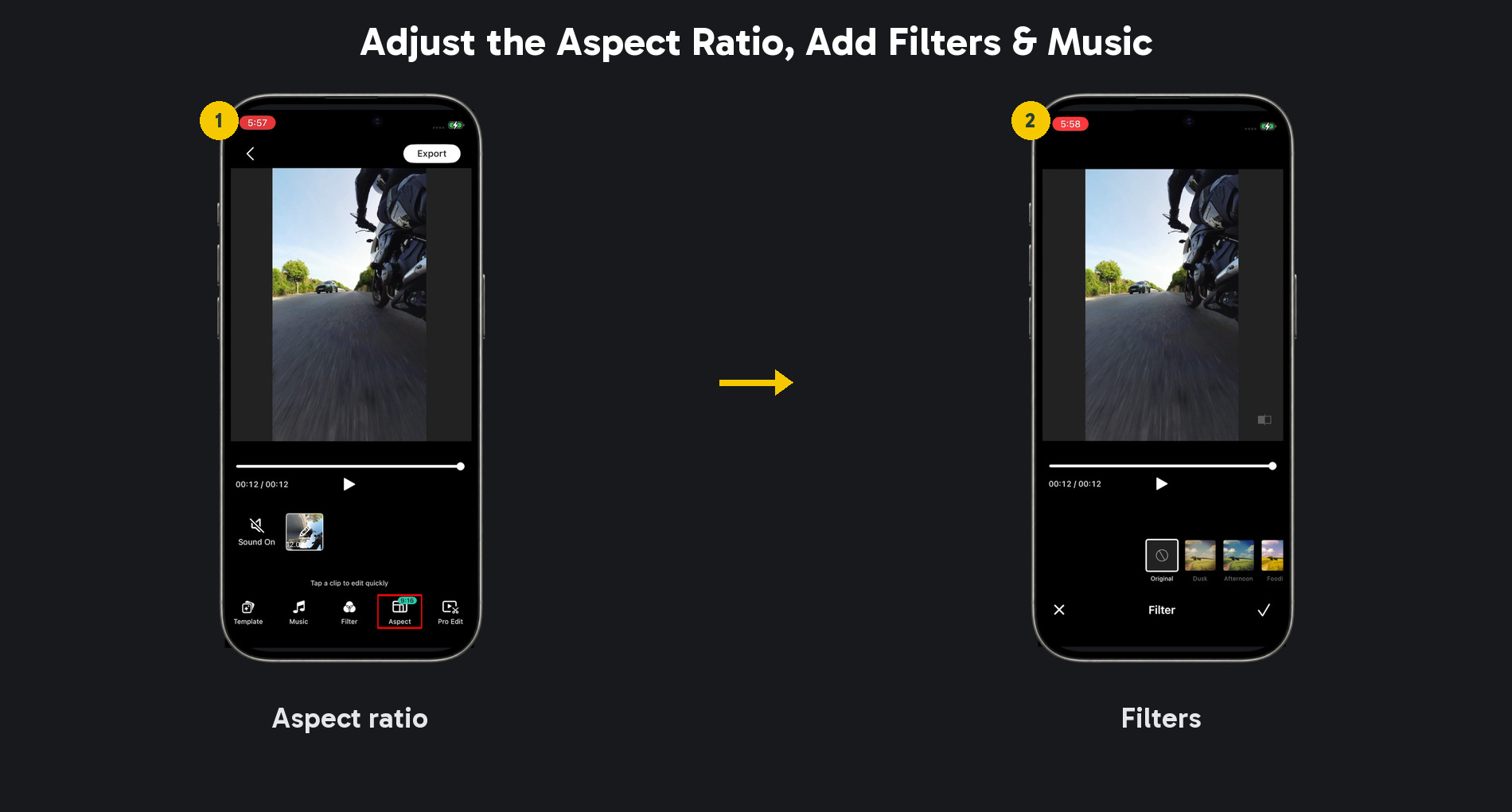 Adjust the aspect ratio, filters, and music in the Racing Tiny Planet SmartClip template