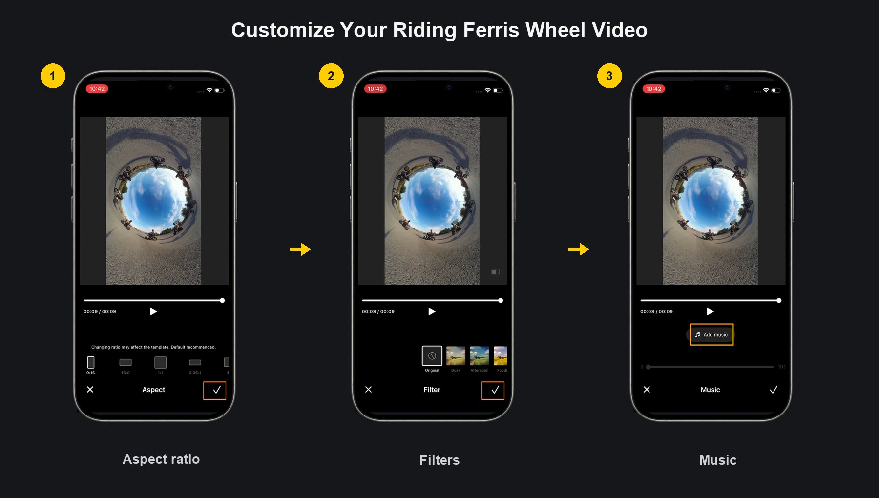 Adjust the aspect ratio, filters, and music in the Riding Ferris Wheel SmartClip template
