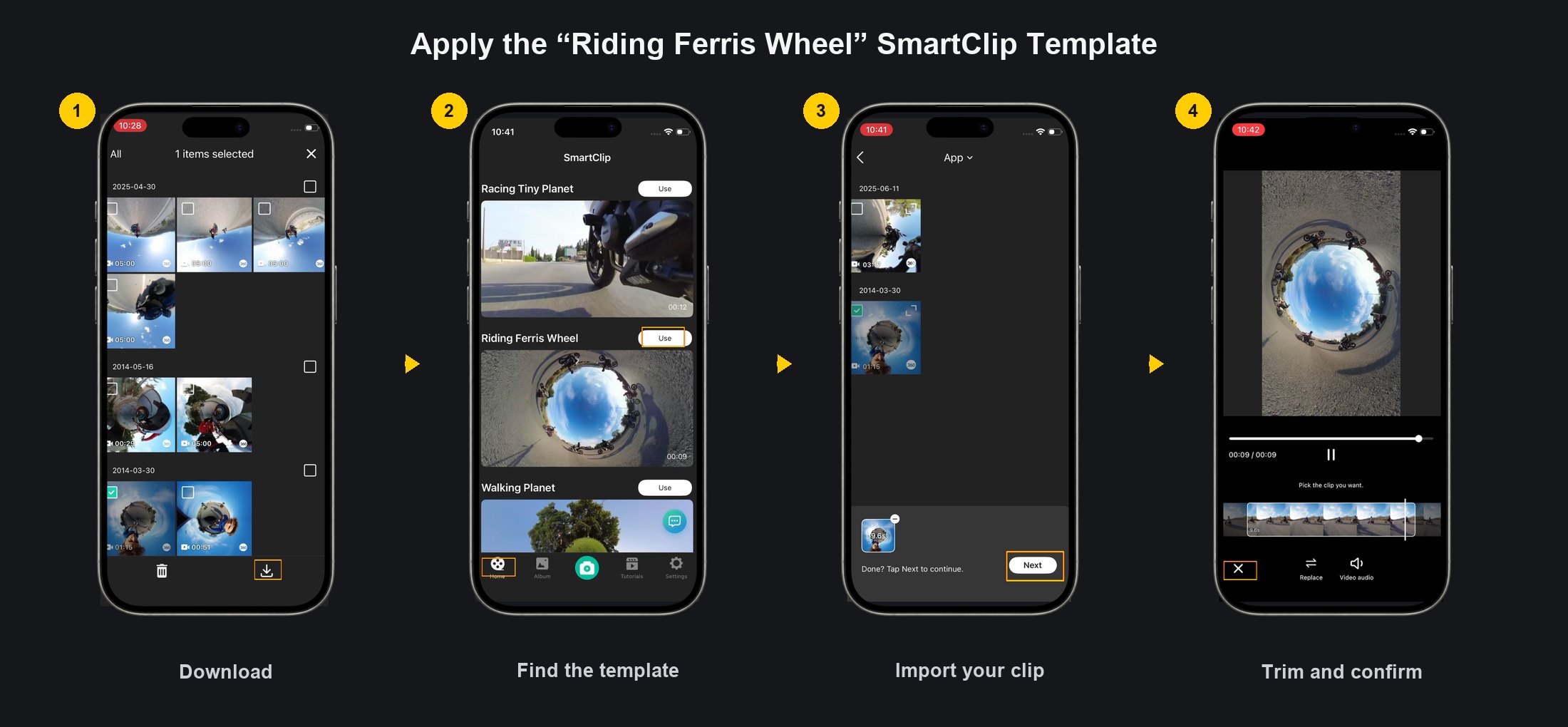 Download, import, and trim a riding clip with the Riding Ferris Wheel SmartClip template