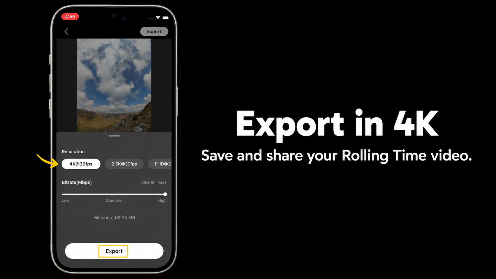 Export the finished Rolling Time video in 4K