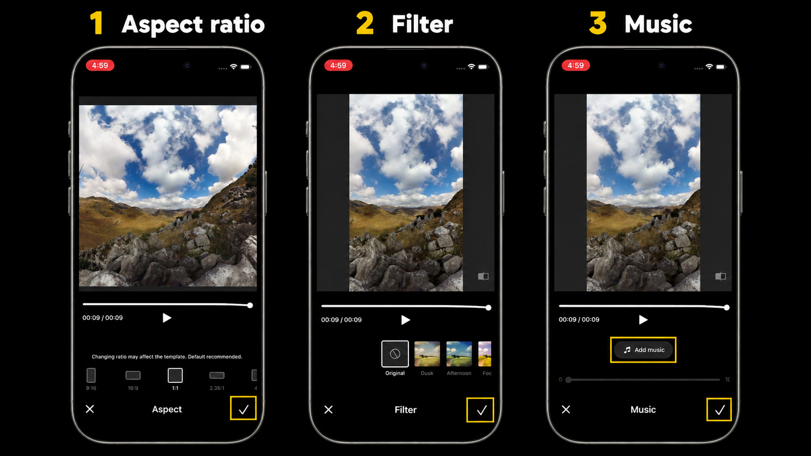 Adjust the aspect ratio, filter, and music for a Rolling Time video in the AKASO 360 App