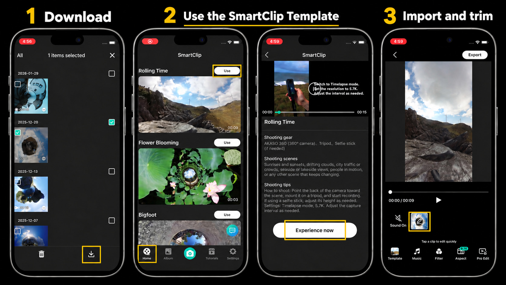 Download a clip, use the Rolling Time SmartClip template, and import and trim the footage