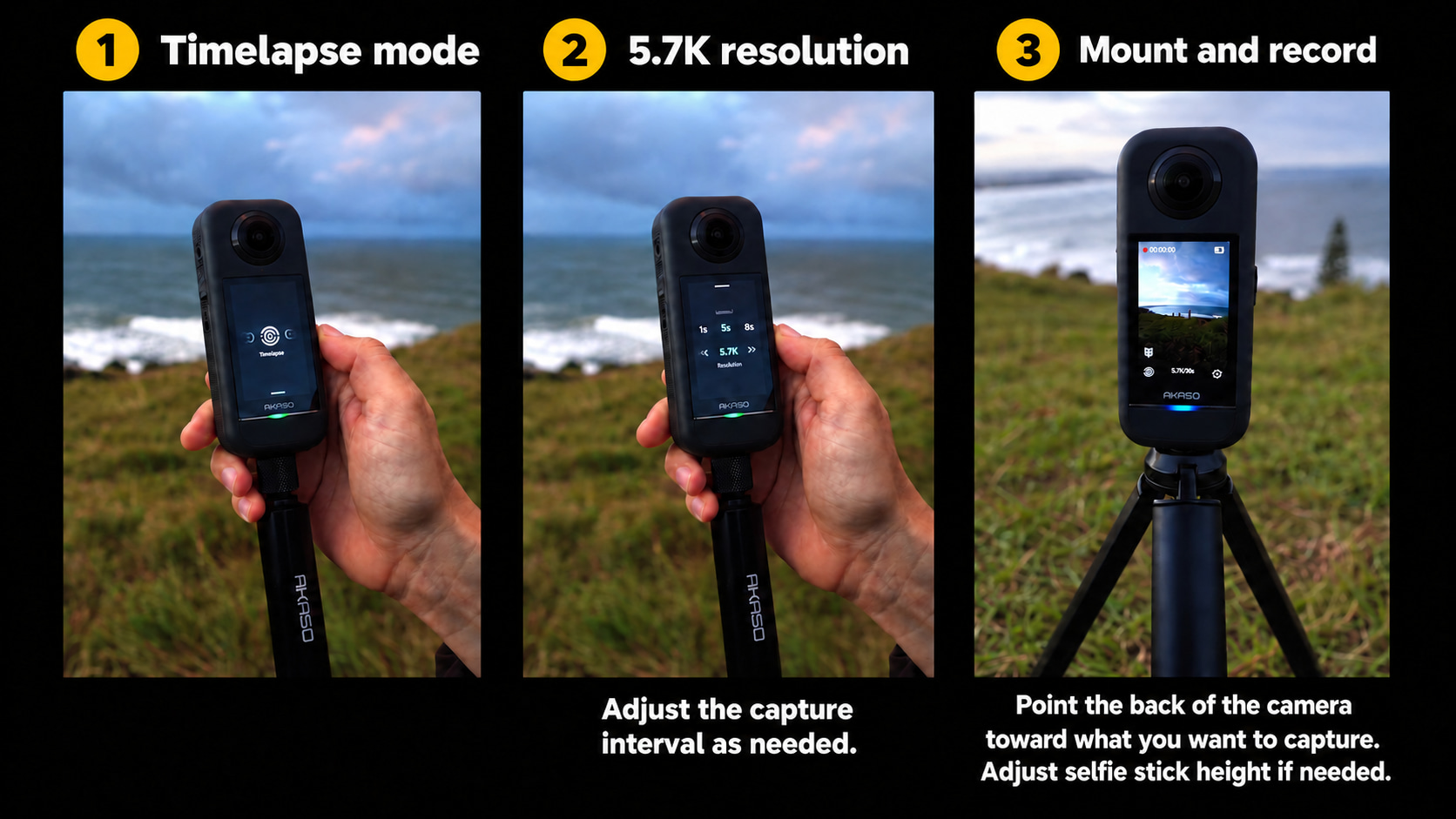Set AKASO 360 to Timelapse at 5.7K, adjust the interval, and mount the camera on a tripod