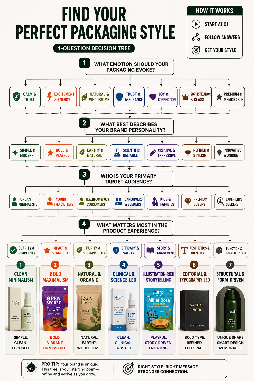 A flow chart showing a decision tree to help founders choose the right product packaging styles India shoppers love. The chart guides users through questions about emotion, personality, audience, and experience to build effective D2C brand systems.