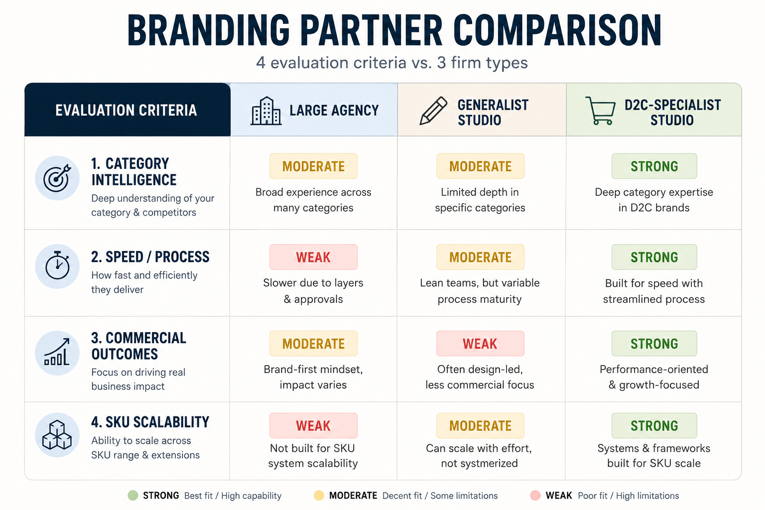 A comparison table evaluating a large agency, generalist studio, and D2C specialist studio across four criteria. It helps startup founders select the right agency to build successful D2C brand systems and choose the best packaging styles for D2C brands.