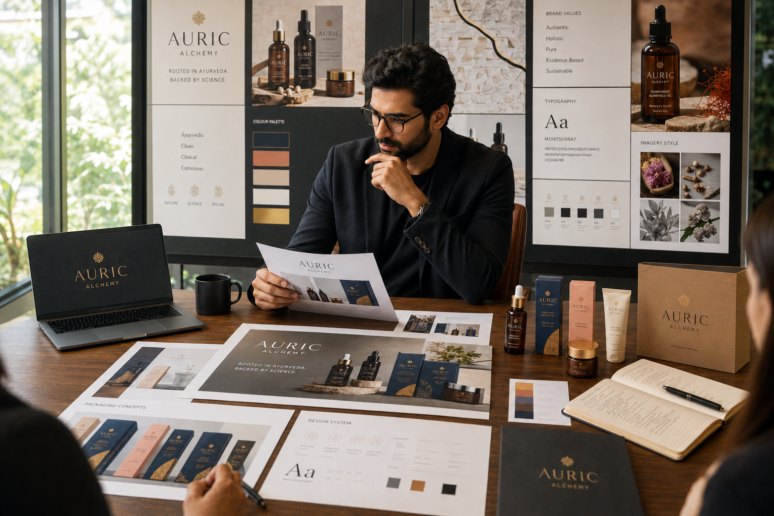 A designer reviewing brand guidelines and product packaging styles India brands use for cosmetic lines. The workspace features sleek boxes and bottles that highlight premium packaging design India trends for growing D2C businesses.